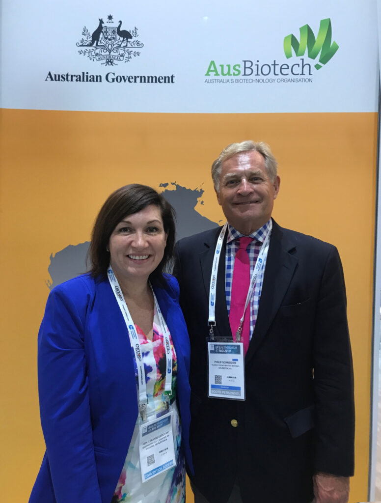 ASBM Advisory Board Chair Philip J Schneider meets with The Hon. Leaanne Enoch, Member of Australian Parliament, in the Australian Pavilion.
